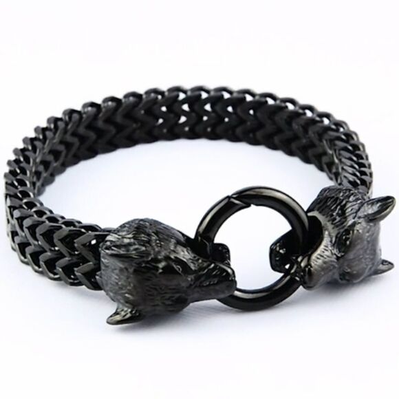 Men’s Black Thick Wolf Head Link Chain Bracelet - Picture 7 of 10